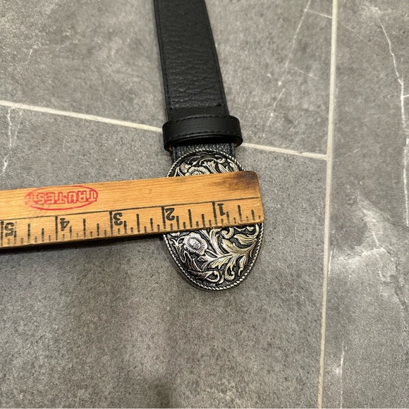 Black western belt silver tooled round oval buckle cowboy cowgirl leather elite - Picture 3 of 11